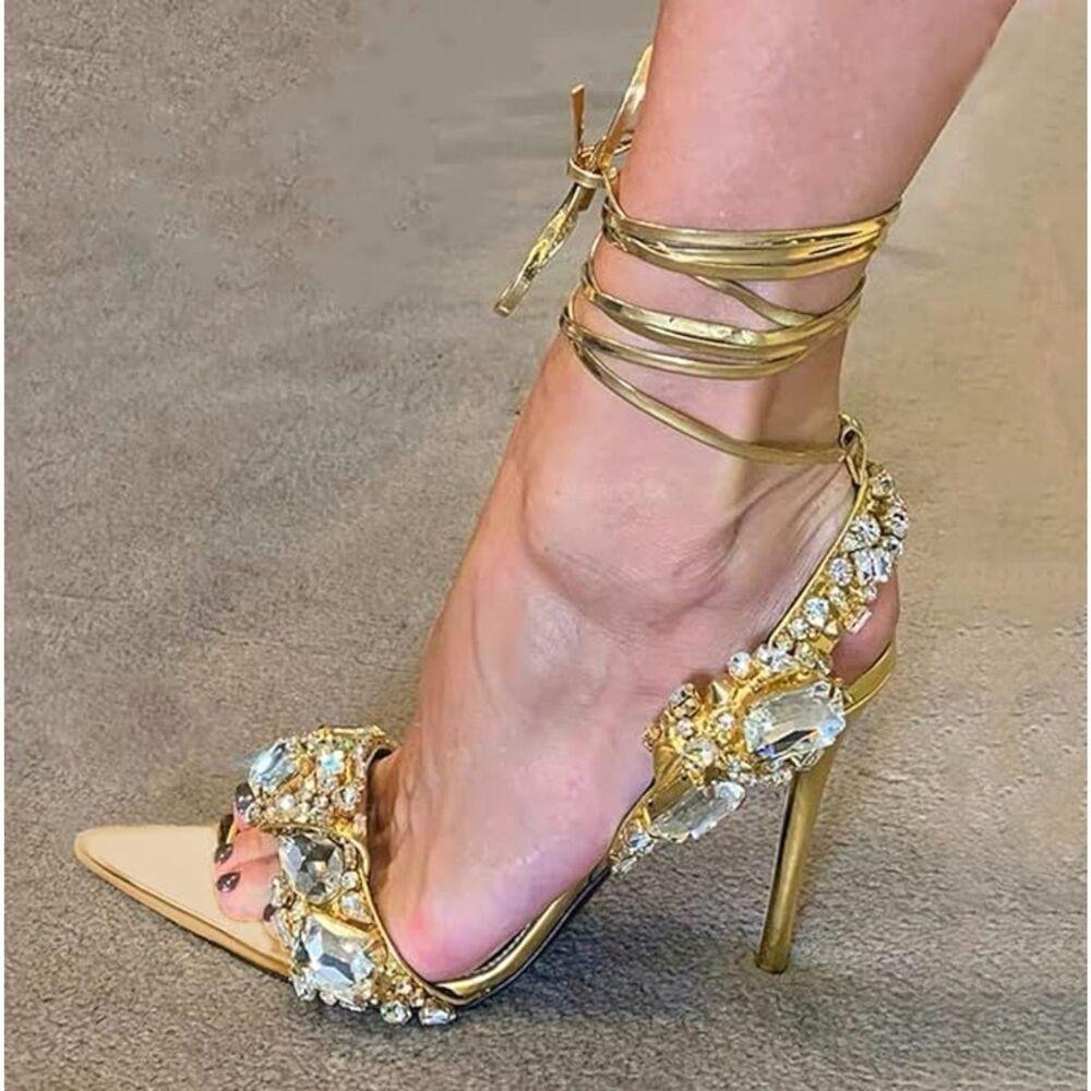 Tempest Crystal Lace Up Heels Gold Party Wedding Sexy Coquette Bling SZ US 7.5